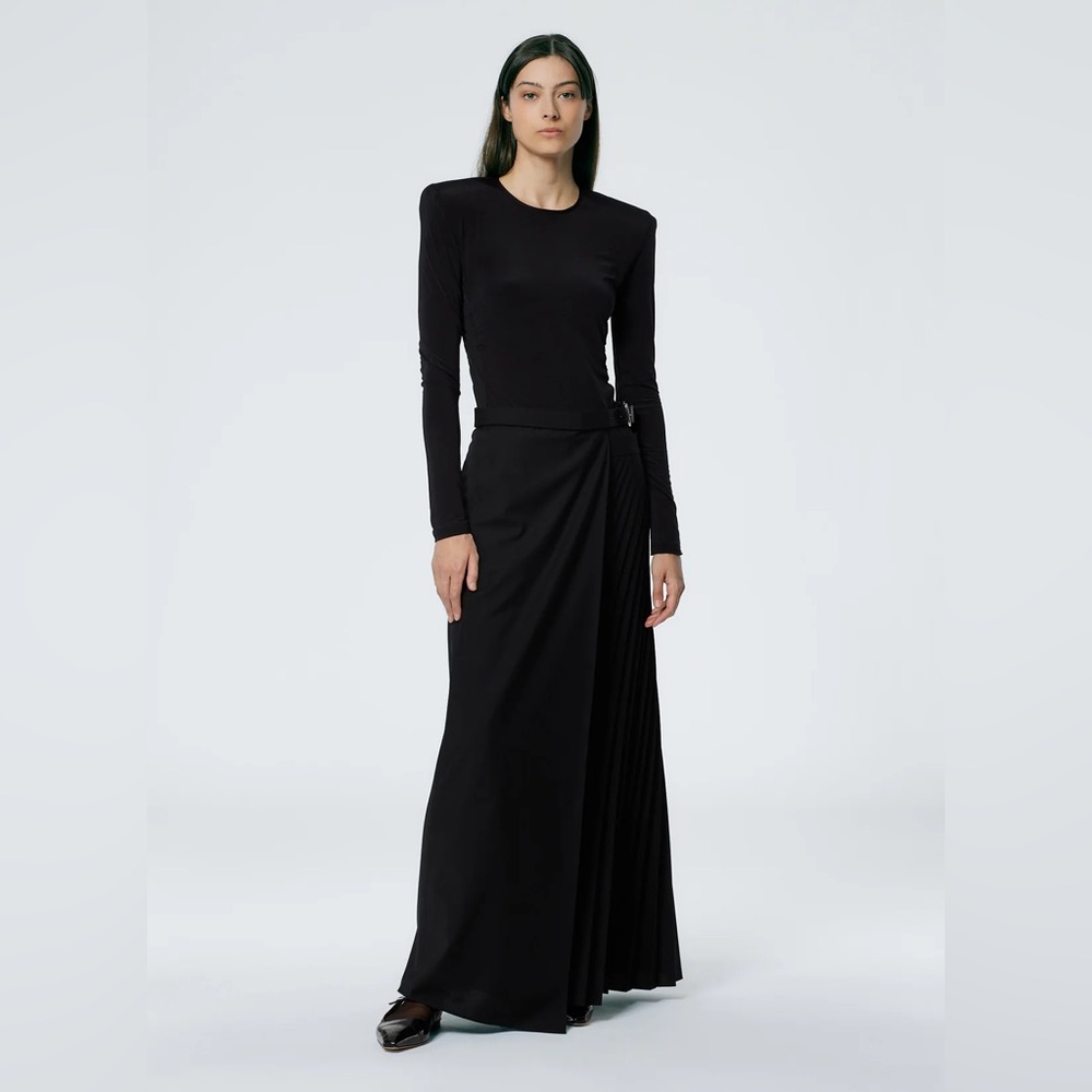 NWT TIBI tropical wool pleated leather belt maxi skirt in black